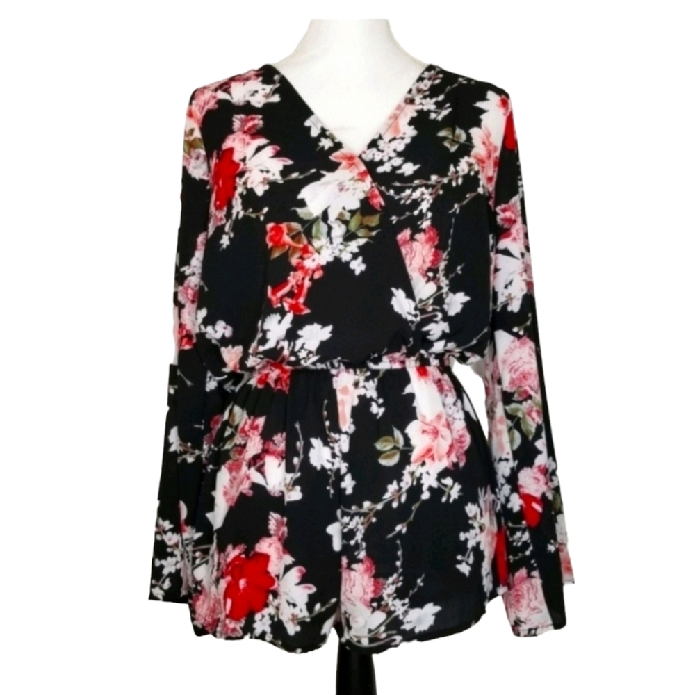 Umgee Women Small Black Floral V-Neck Wrap Cinched Waist Romper